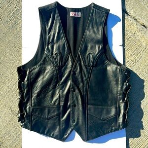 Vintage Beti black biker leather cowboy vest with pockets
